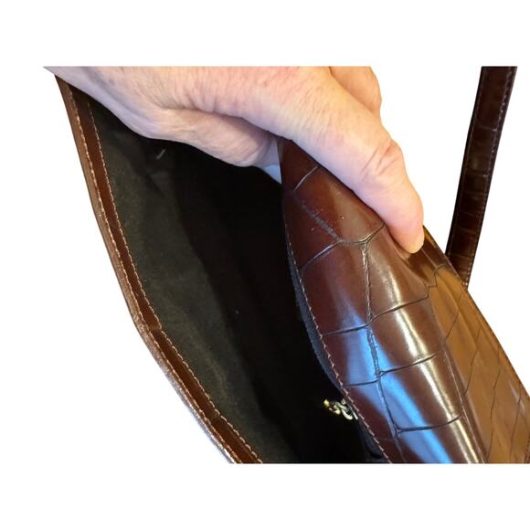 COLE HAAN Vintage Croc-Embossed Leather Shoulder Bag Brown with Gold Hardware - Picture 6 of 6